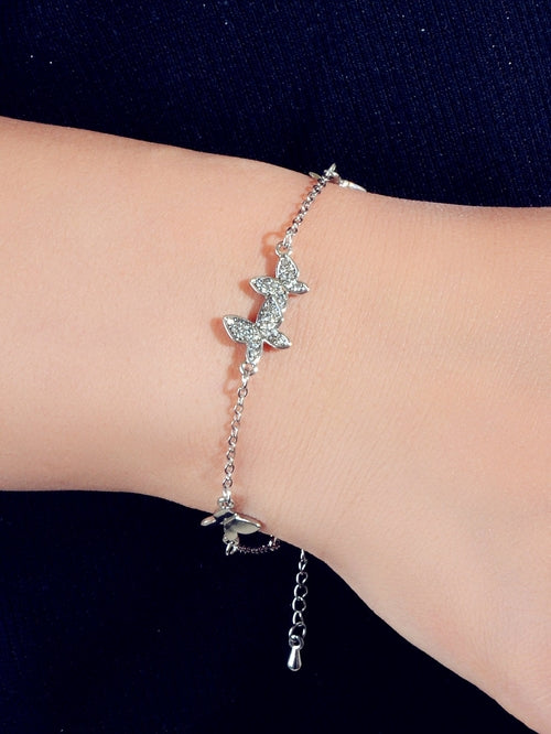 Rhinestone Decor Silver Butterfly Charm Chain Bracelet Best Friends