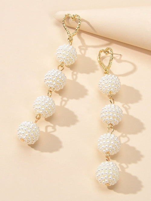 Beautiful White Beads Ball Gold Heart Long Dangle Earrings Perfect