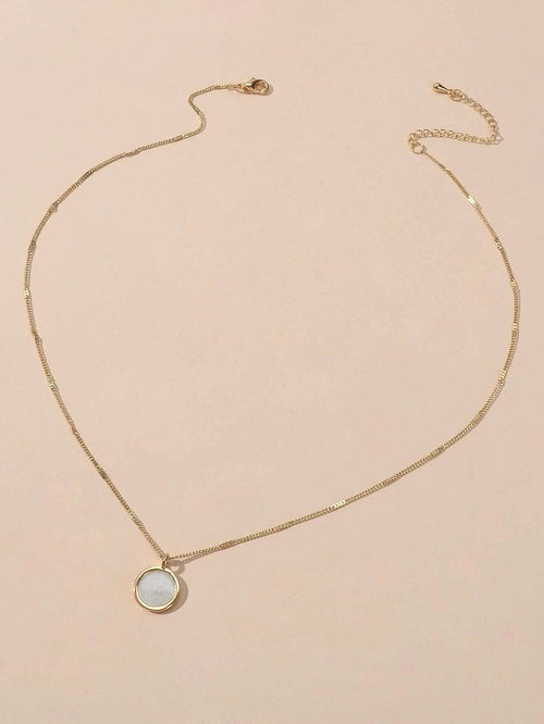 Textured Jewellery Gold Chain White Enamel Round Pendant Necklace