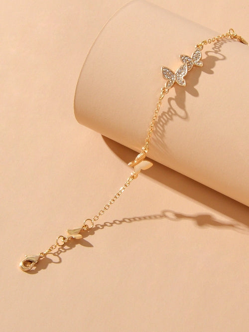Rhinestone Decor Silver Butterfly Charm Chain Bracelet Best Friends