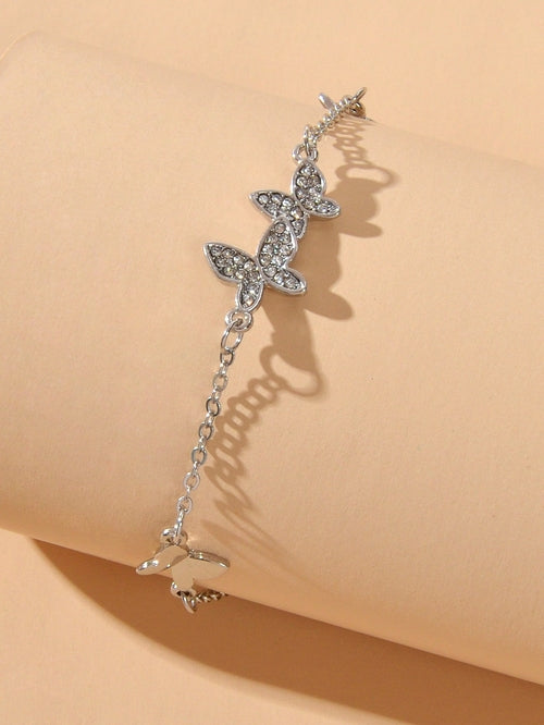 Rhinestone Decor Silver Butterfly Charm Chain Bracelet Best Friends