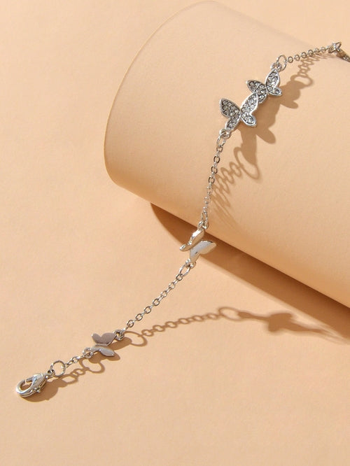 Rhinestone Decor Silver Butterfly Charm Chain Bracelet Best Friends