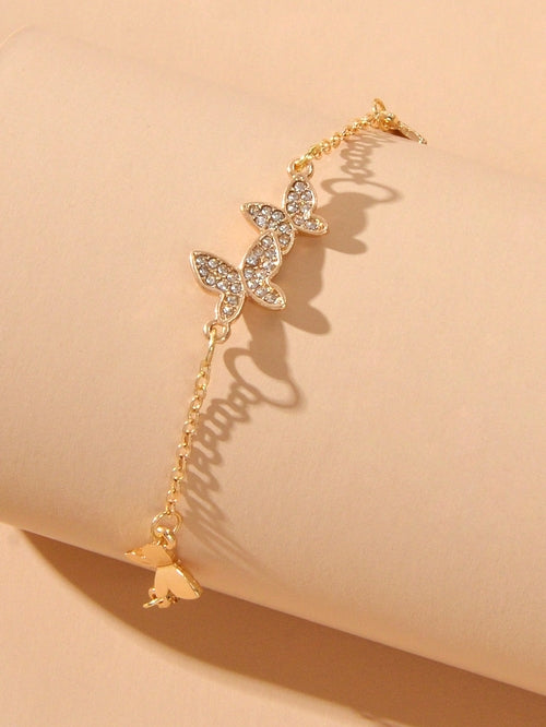 Rhinestone Decor Silver Butterfly Charm Chain Bracelet Best Friends