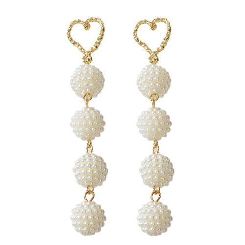 Beautiful White Beads Ball Gold Heart Long Dangle Earrings Perfect